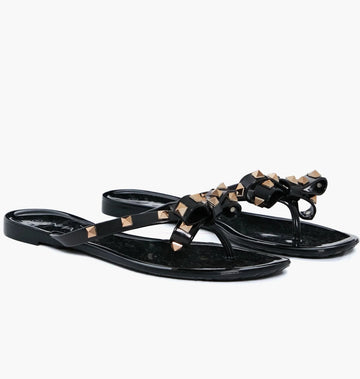 STUDDED BOW JELLY THONG SANDALS