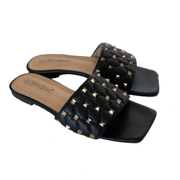 QUILTED SQUARE TOE GOLD STUDS SANDALS