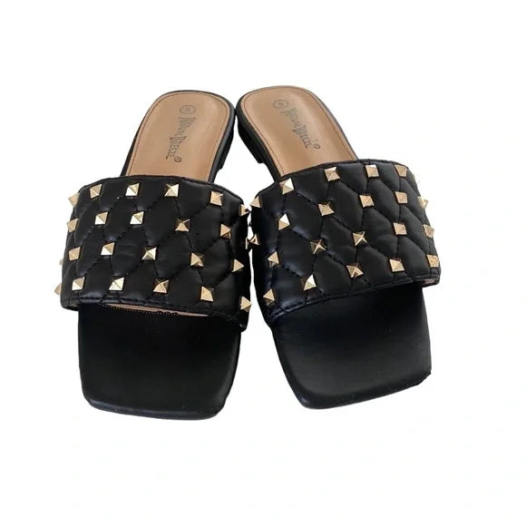 QUILTED SQUARE TOE GOLD STUDS SANDALS